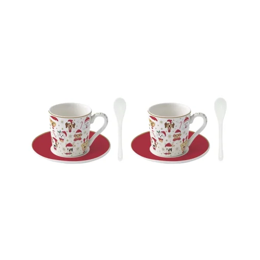 Easy Life Ensemble de 2 petites tasses à espresso avec soucoupes et cuillères CHRISTMAS FRIENDS DOGS Clearance