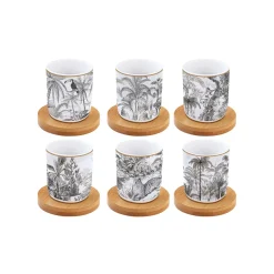 Easy Life Ensemble de 6 petits verres à café de 110 ml en porcelaine avec soucoupes RETRO JUNGLE> Coffret Cadeau|Moderne