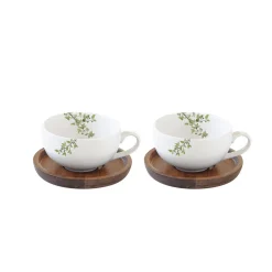 Easy Life Ensemble de 2 tasses en porcelaine de 120 ml avec soucoupes en acacia NATURA Hot