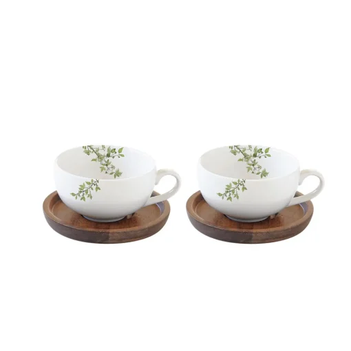 Easy Life Ensemble de 2 tasses en porcelaine de 120 ml avec soucoupes en acacia NATURA Hot