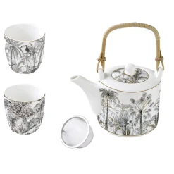 Easy Life Théière 600 ml avec infuseur en métal et 2 tasses de 160 ml en porcelaine RETRO JUNGLE> Coffret Cadeau|Moderne
